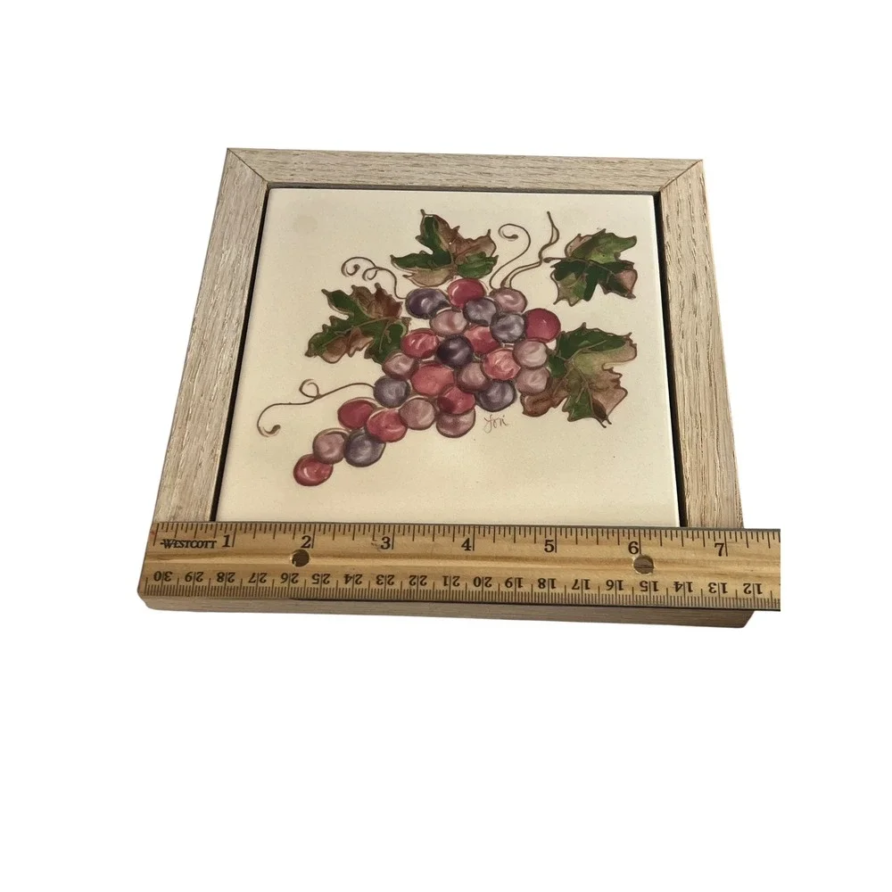 Jori Hand Painted Grape Ceramic Art Tile in Oak Wood Frame Empty Nest 7.25